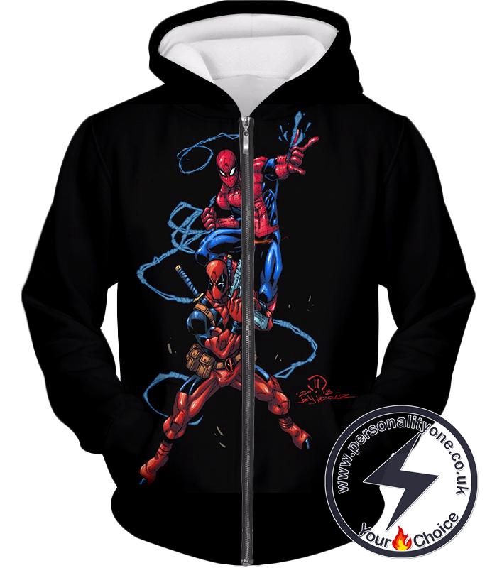 Super Cool Spiderman and Deadpool Action Black Zip Up Hoodie